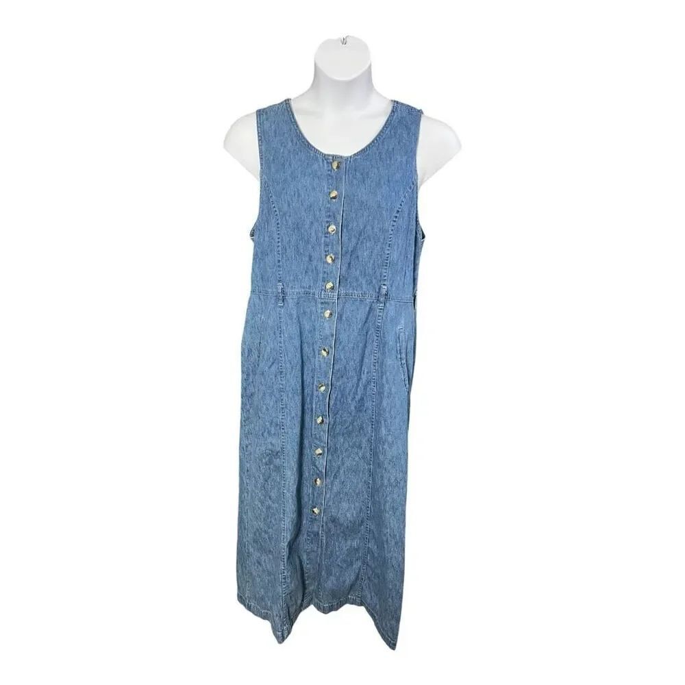 90s Christopher & Banks Blue Denim Midi Dress Sleeveless Size XL Cotton Button